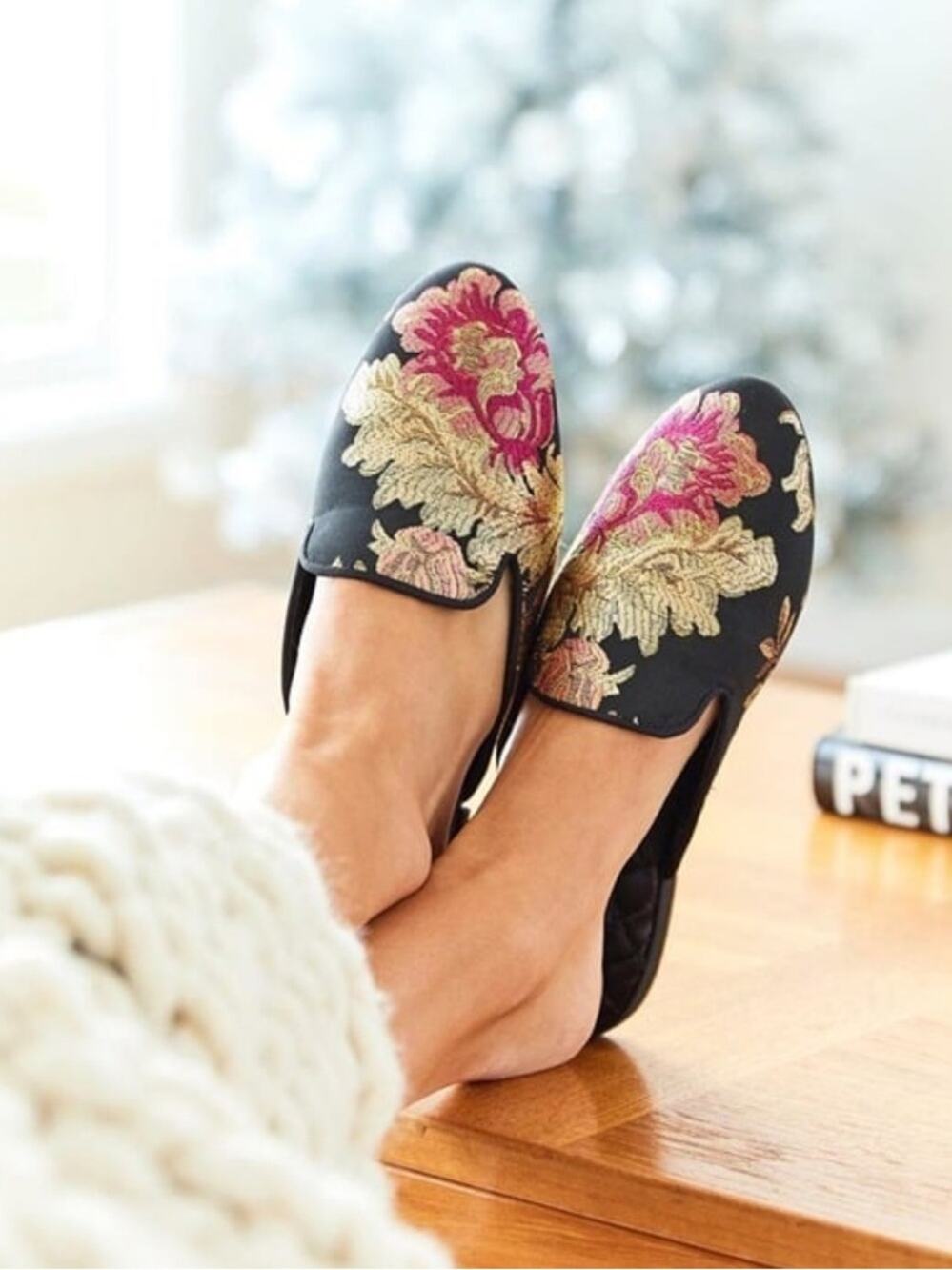Birdies The Phoebe Mules Black Floral Gold Pink Jacquard size 7.5 Metallic